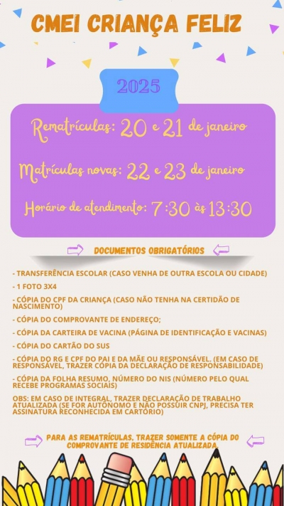 CALENDÁRIO DE MATRÍCULAS E REMATRÍCULAS 2025